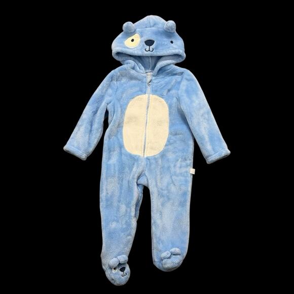 Duck Duck Blue Bear Hooded Fleece Footed Coverall Baby 6-9 Months Zip Up - Picture 1 of 7